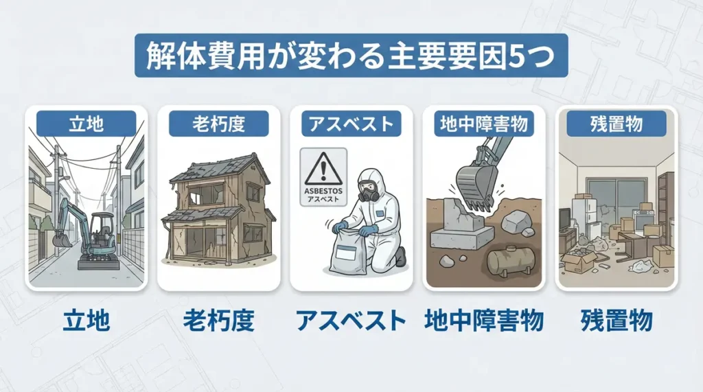 立地、老朽度、アスベスト、地中障害物、残置物など解体費用に影響する5つの要因の図