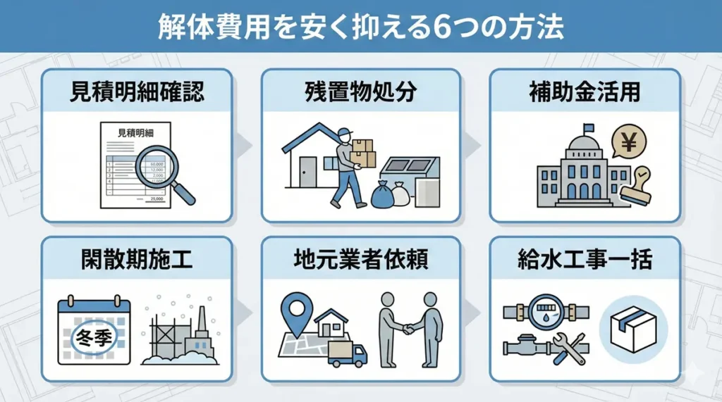 見積確認・残置物処分・補助金活用・閑散期施工・地元業者依頼・給水工事一括など解体費用を抑える6つの方法の図