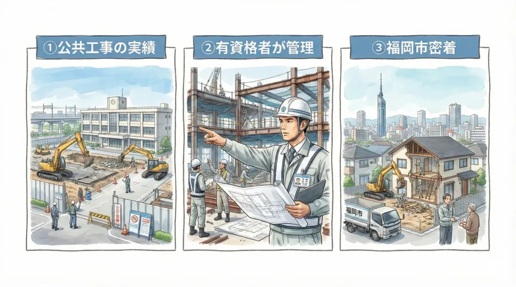 公共工事の実績や有資格者による管理体制など、ダイシンエンジニアリングの解体工事における強みを示した図