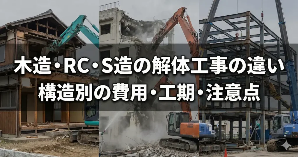 木造・RC造・S造それぞれの解体工事における費用や工期、注意点の違いを比較したイメージ