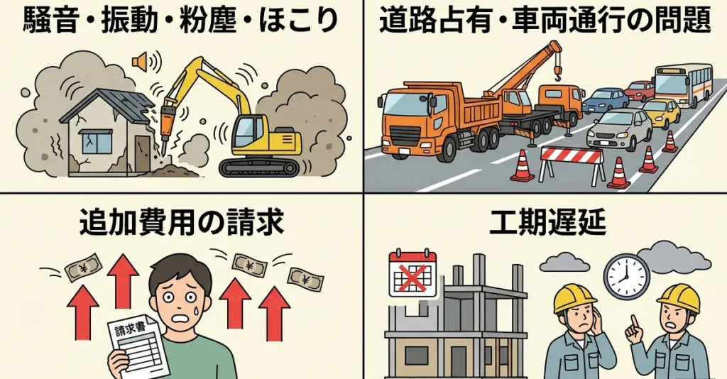 解体工事中の騒音・振動・粉塵による近隣トラブルのイメージ。近隣住民への配慮と事前挨拶の重要性。