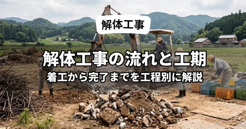 解体工事の着工から完了までの工程と工期の流れがわかるアイキャッチ画像