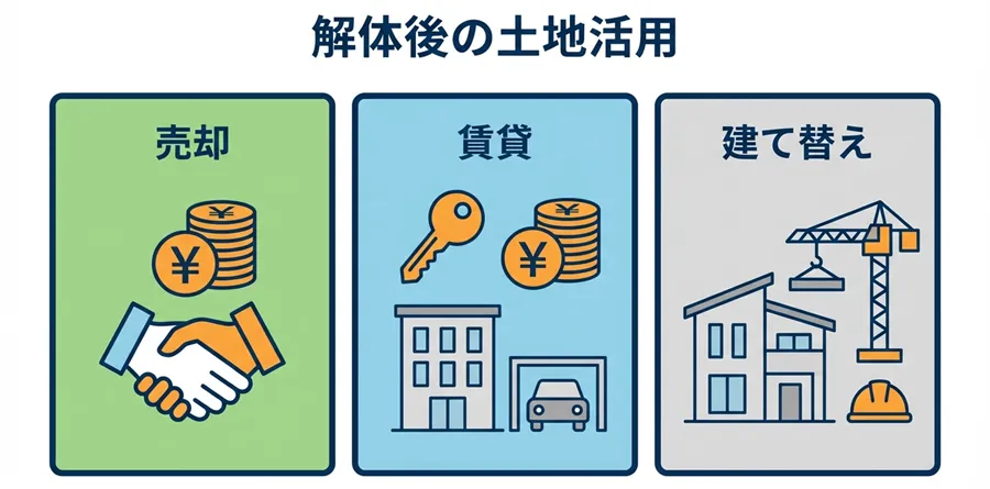 建物の解体工事後における土地活用の主な3肢（売却・賃貸経営・自宅建て替え）