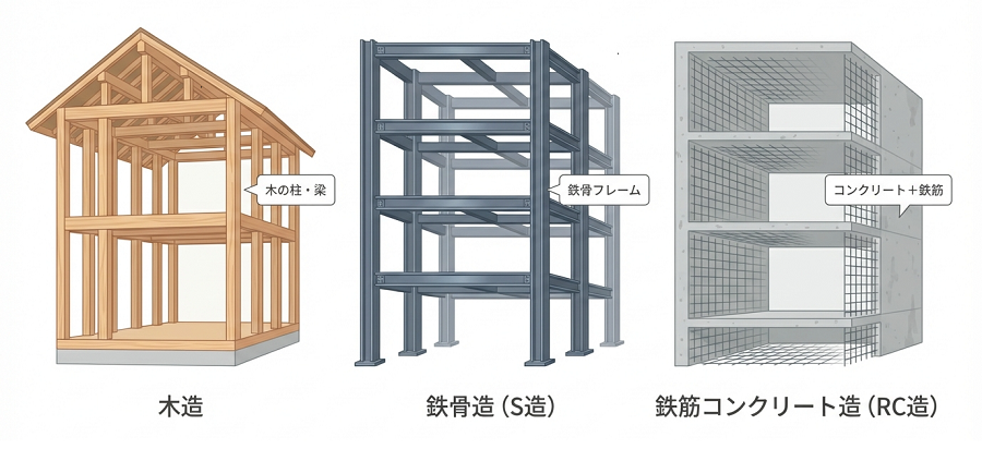 木造（W造）・鉄骨造（S造）・鉄筋コンクリート造（RC造）の3つの構造の違いを比較