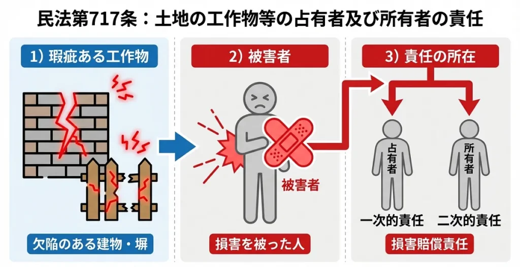 空き家の管理不全による損害賠償リスクの図解。建物崩壊や看板落下で通行人に怪我をさせた際、相続人が負う工作物責任と損害賠償の仕組みの解説。