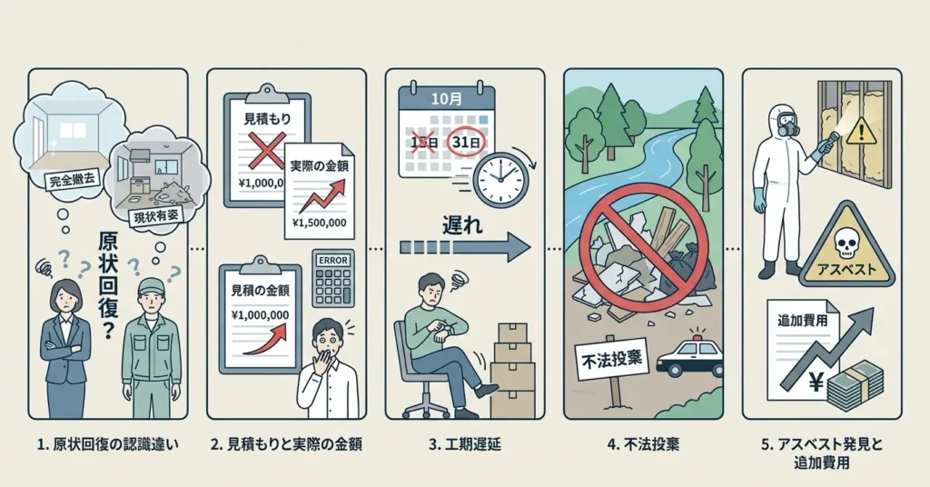 内装解体でよくあるトラブルの例をまとめた解説図