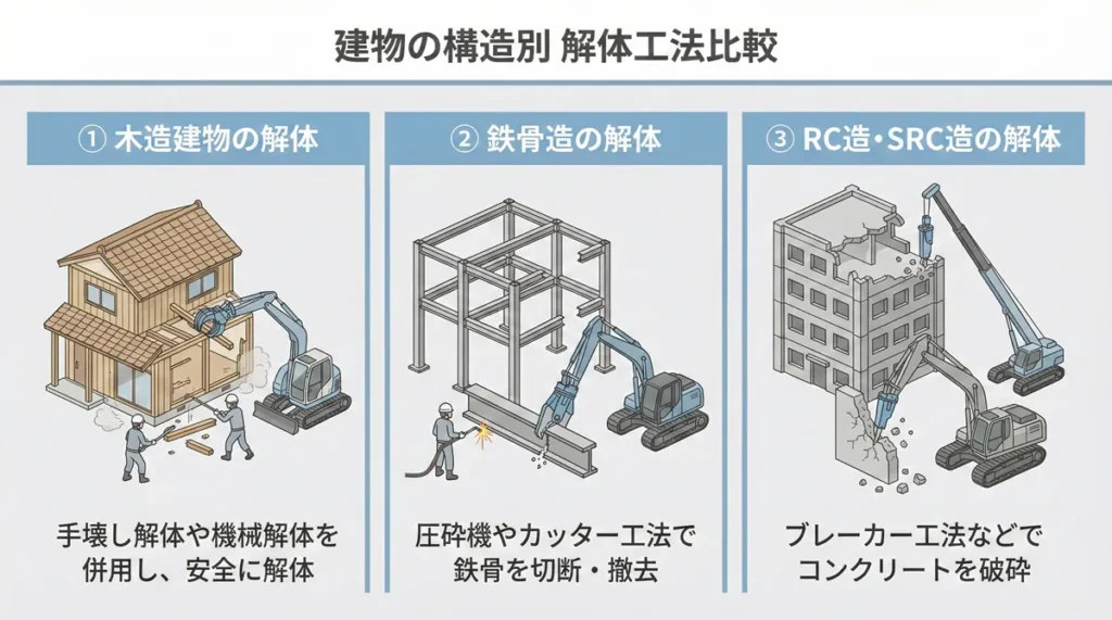 木造・鉄骨造・RC造それぞれの構造に応じた解体工法の違いを比較した図

