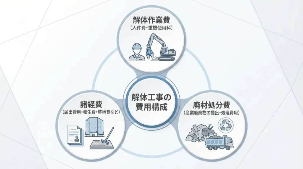 解体工事の費用が解体作業費・廃材処分費・諸経費の3要素で構成されていることを示した図