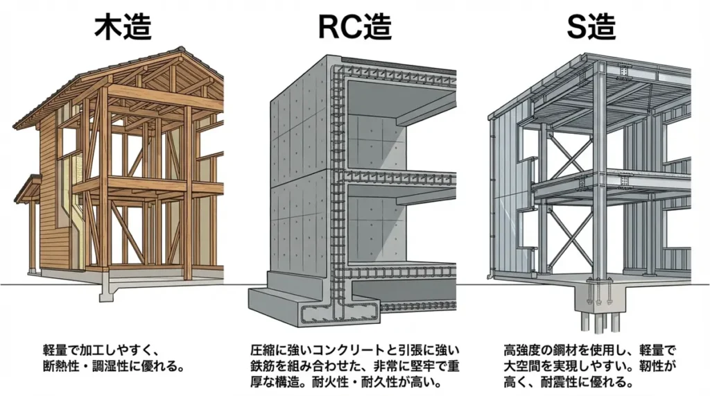 木造・鉄骨造（S造）・鉄筋コンクリート造（RC造）の解体現場の比較