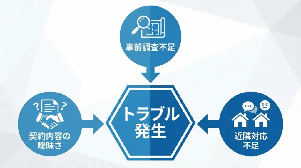 解体工事でトラブルが起きる主な原因（事前調査不足・契約の曖昧さ・近隣対応不足）を示した図解