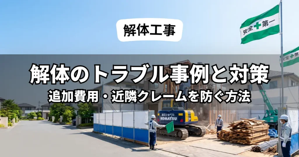 青空の下、近隣クレーム対策の防音シートと散水、交通誘導員が配置された日本の住宅解体現場。トラブルを防ぎ安全第一で行われる解体工事のイメージ