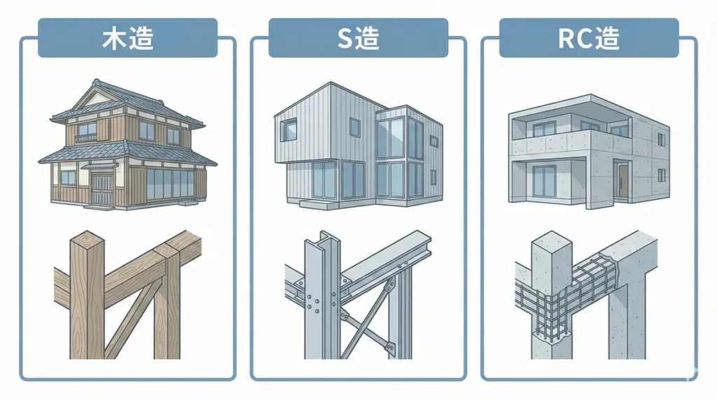 木造・S造・RC造の住宅の外観や建材の違いを比較した図