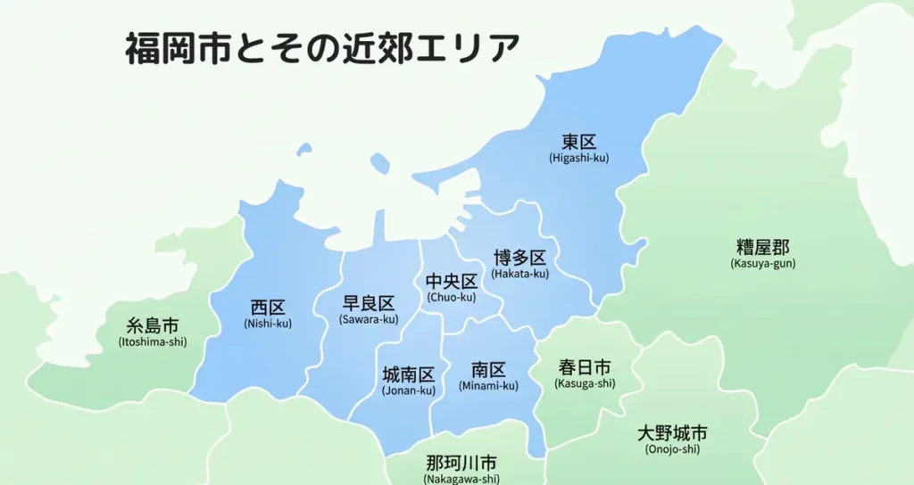 ダイシンエンジニアリングの主な対応エリア。福岡市（中央区・博多区・東区・西区・南区・城南区・早良区）を中心に、糸島市、那珂川市、春日市、大野城市など近隣市町村に対応。
