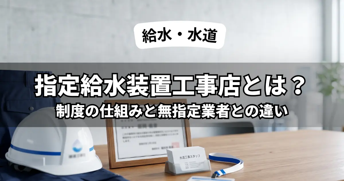 福岡市指定給水装置工事店の仕組みと無指定業者との違いを解説するテキストと、水道局の指定店証をイメージした信頼感のある画像