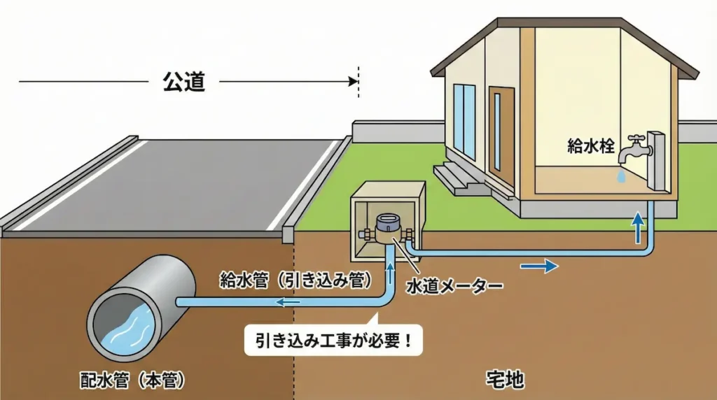 新築住宅で給水管引き込み工事が必要な理由を示す配管断面図