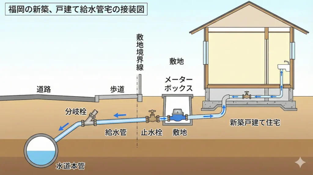 福岡市における新築戸建て住宅の給水引き込み工事のイメージ図