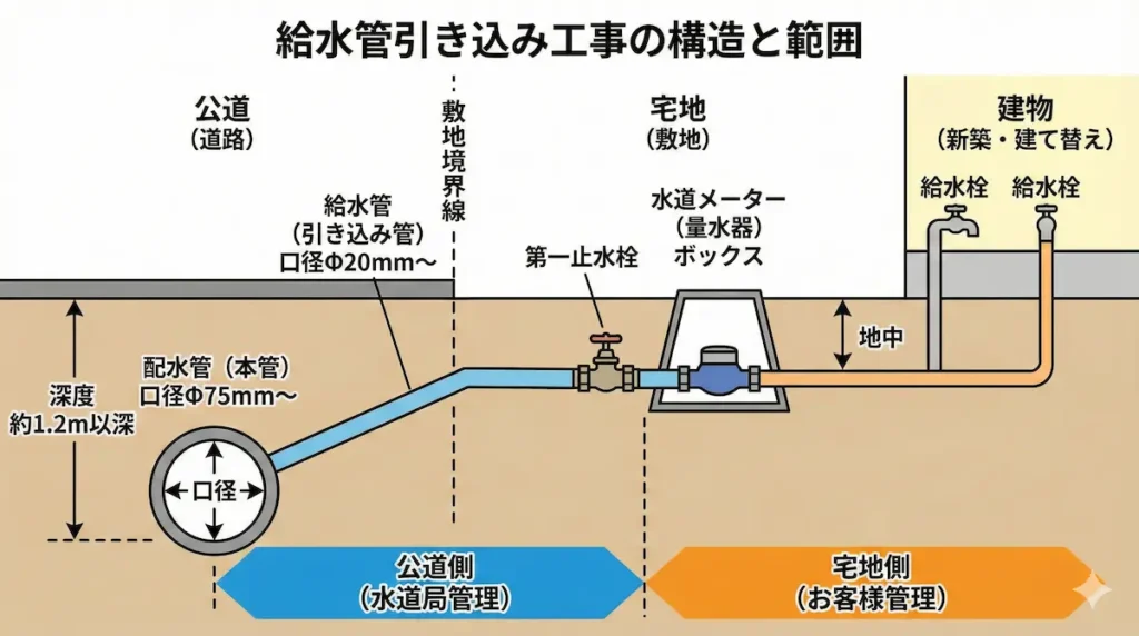 配水管から敷地境界までの給水管引き込み構造図