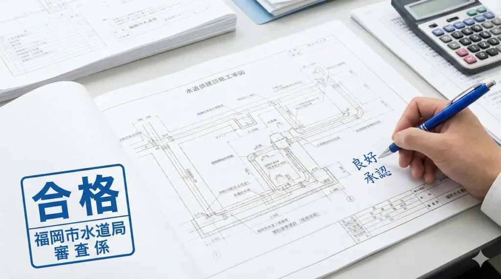 福岡市の給水装置工事で配水管図面を確認中