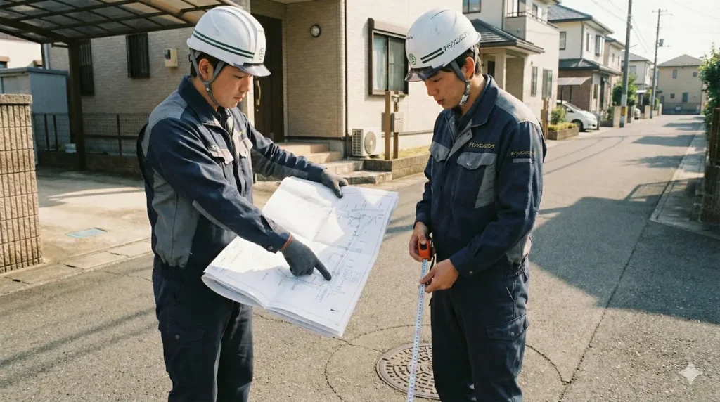 配水管図面を確認しながら現地調査と設計協議を行う様子