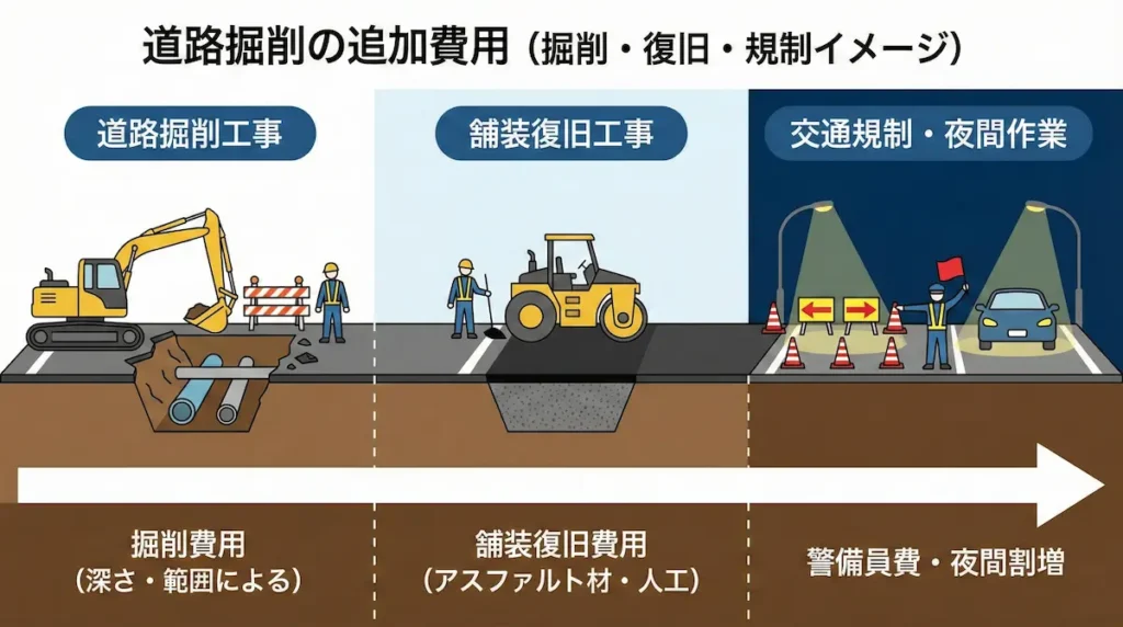 道路掘削に伴う追加費用の内訳。掘削・舗装復旧・交通規制や夜間割増