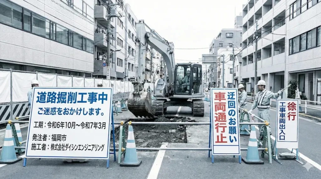 福岡市で行われる道路掘削工事中のイメージ