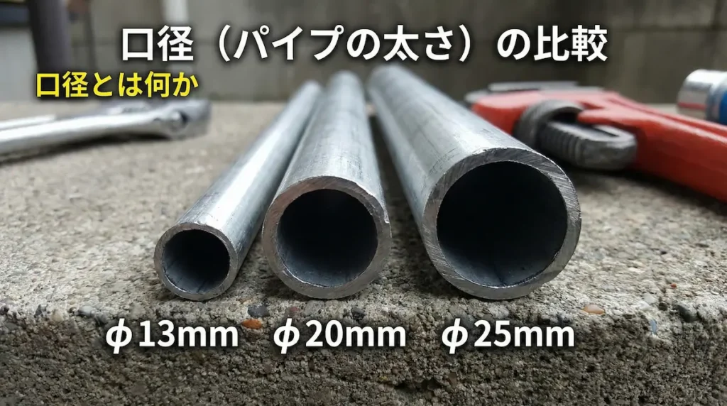水道メーター口径13mm・20mm・25mmの太さ比較図