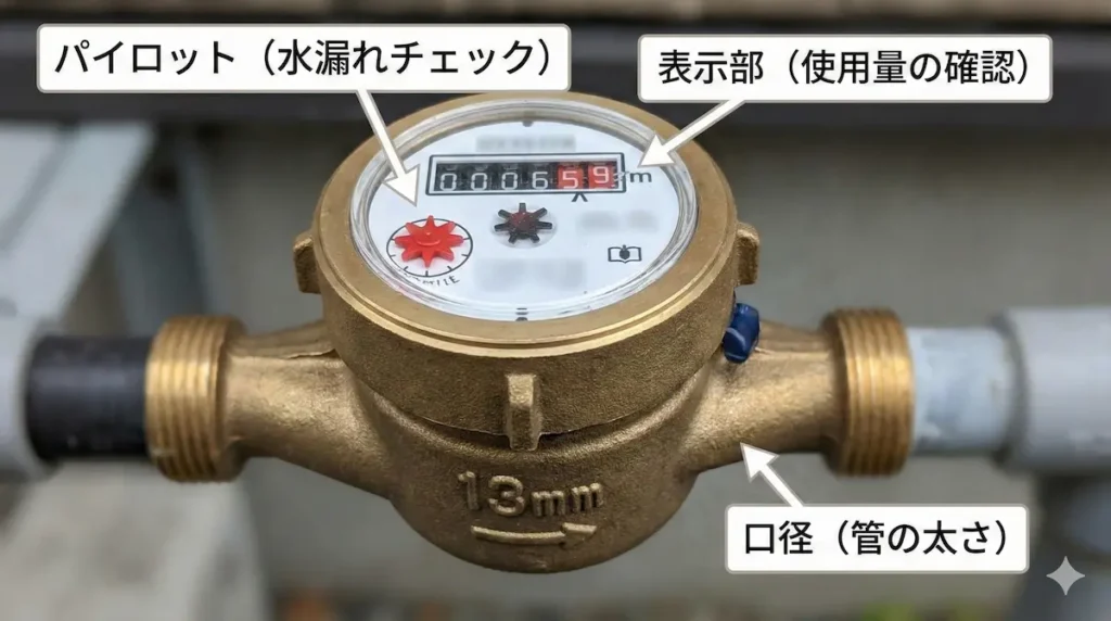 福岡市の水道メーター本体の全体写真（表示部・パイロット・口径刻印の位置）