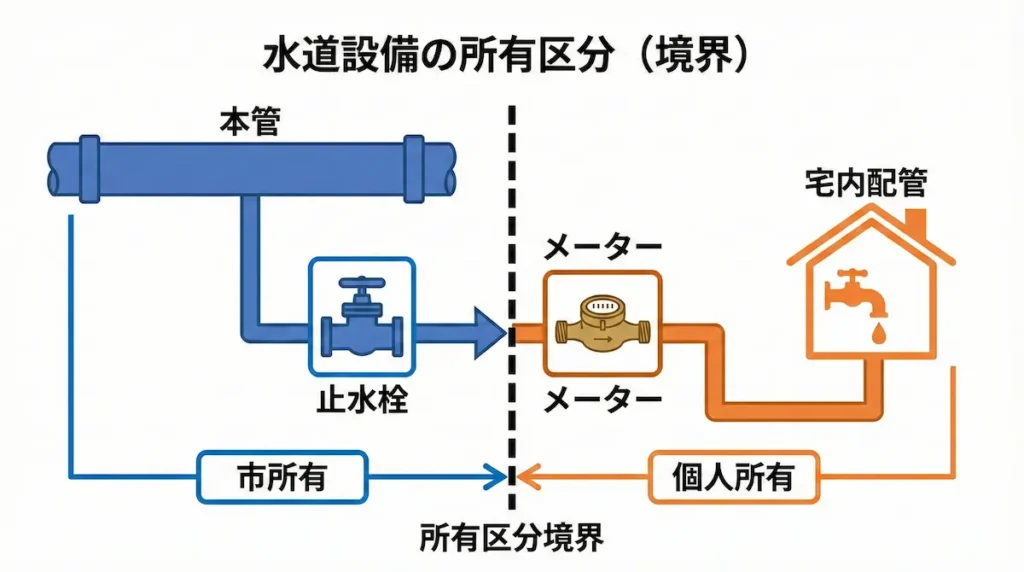 水道本管から宅内配管までの所有区分図（メーターは自治体所有、給水管は個人所有）
