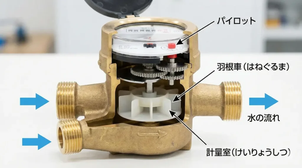 水道メーターの断面構造図（羽根車・計量室・パイロットの仕組み）