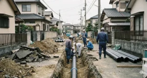 福岡市の住宅街で水道工事をする様子