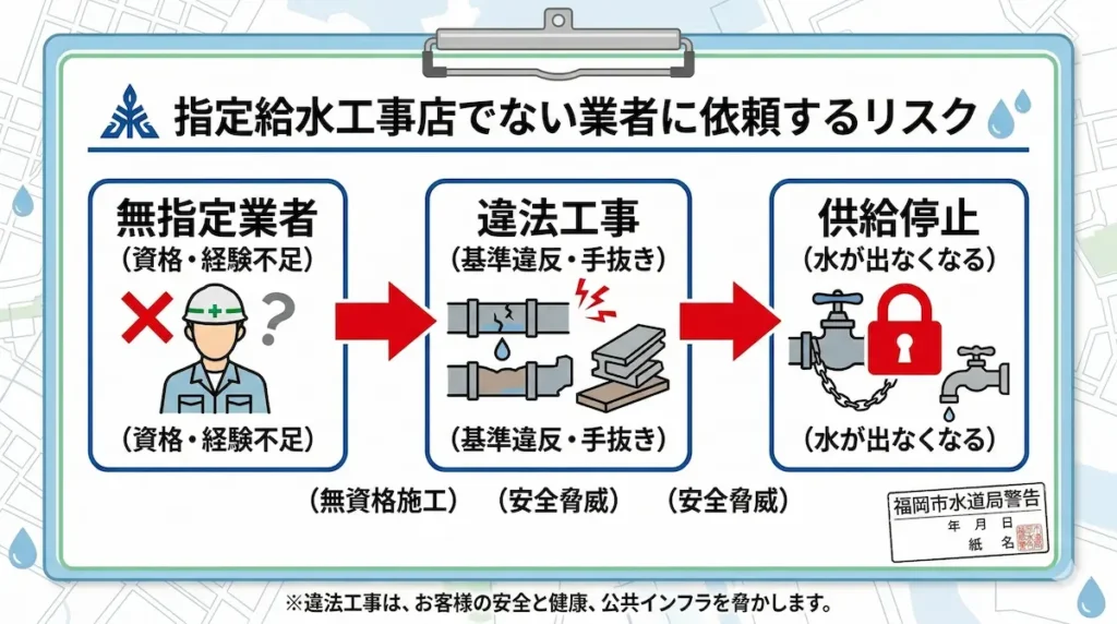 無指定業者への依頼による違法工事から給水停止に至るまでのリスクフロー図