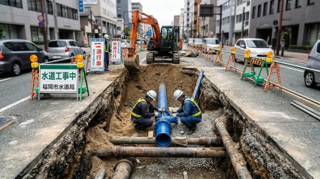 道路下に埋設された公共インフラとしての水道管工事（掘削と配管）の様子