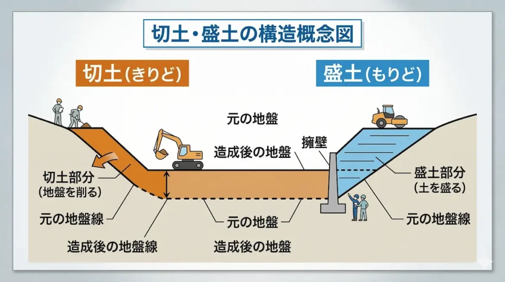 宅地造成の基本構造（切土・盛土による土地の整備）