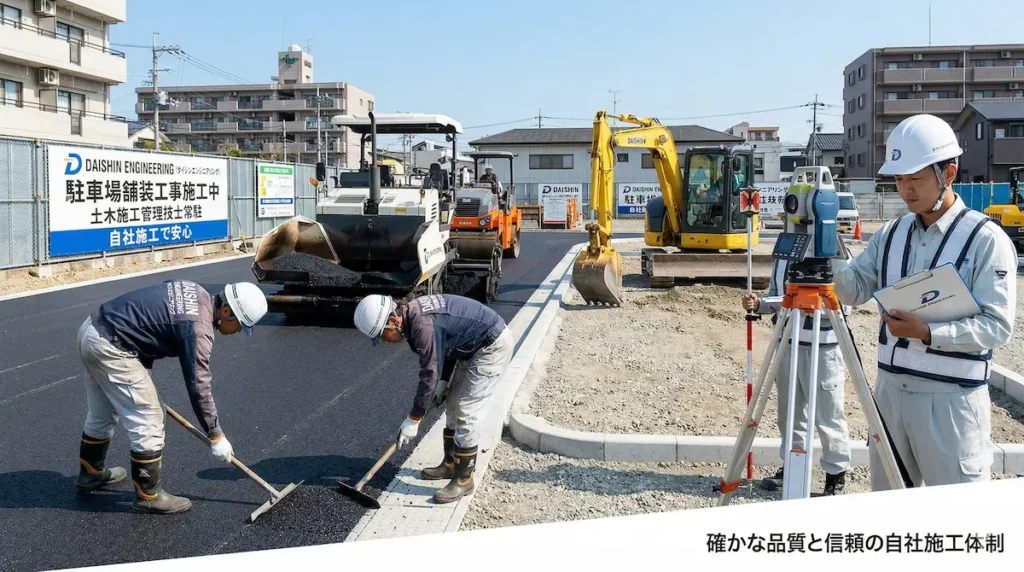 福岡市の土木施工会社による駐車場舗装工事の現場風景（土木施工管理技士による施工）