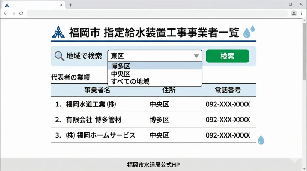 福岡市水道局公式HPの「指定給水装置工事事業者一覧」検索画面のイメージ図