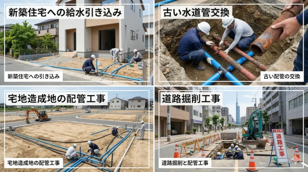 福岡市で行われる水道工事の例（新築給水引き込み・配管交換など）