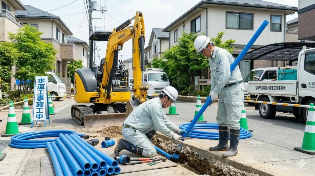福岡市で行われる給水工事の施工現場