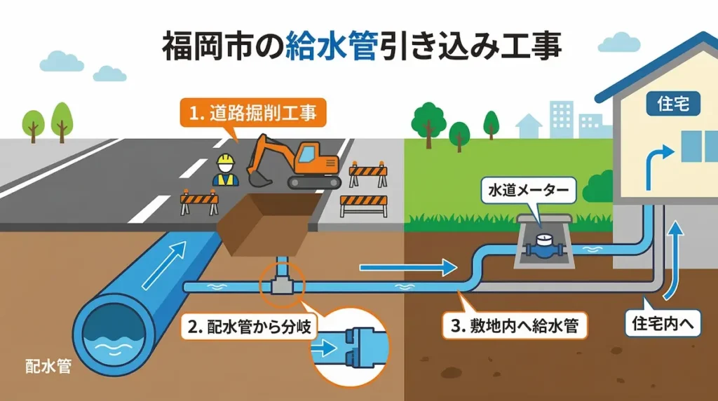 給水管引き込み工事の施工例（道路から敷地へ水道管を引き込む工事）