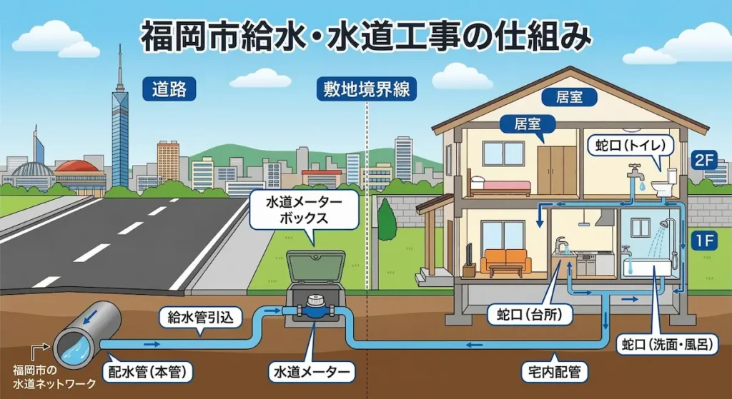 福岡市の給水装置の構造図（配水管・給水管引き込み・水道メーター）