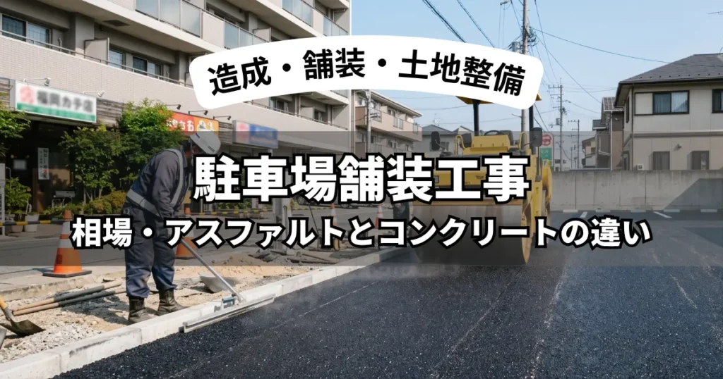 福岡市の駐車場舗装工事でアスファルトを施工しロードローラーで締め固める作業