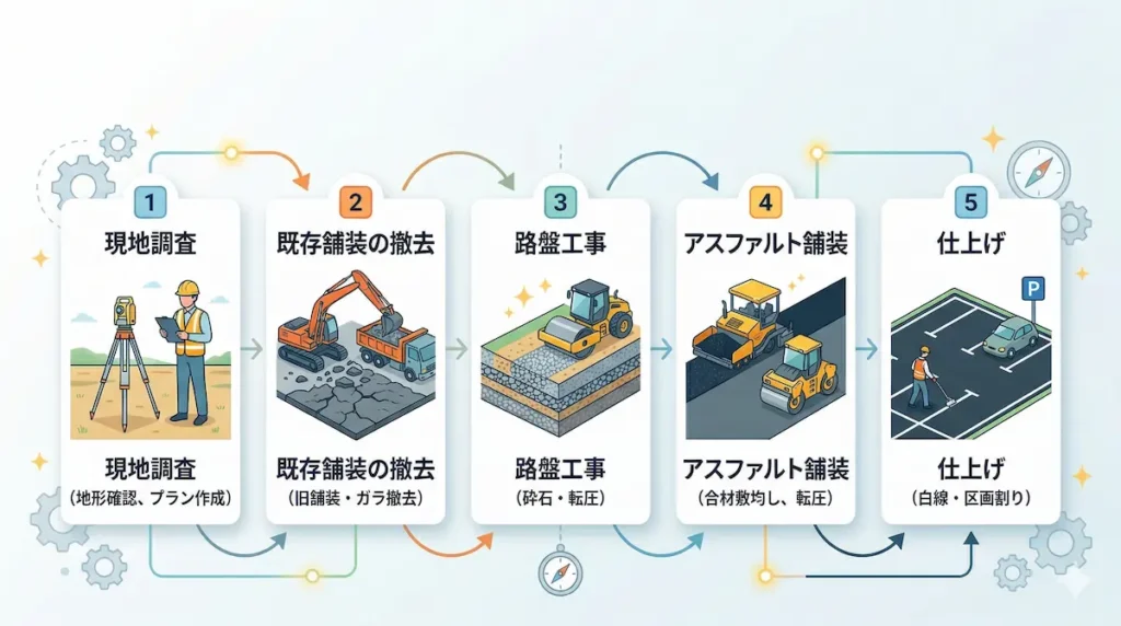 駐車場舗装工事の流れ（現地調査から整地・路盤施工・舗装・完成までの工程）