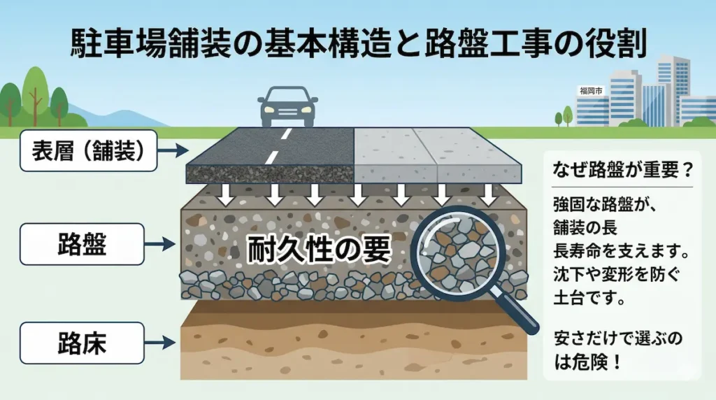 駐車場舗装の構造図（路床・路盤・表層の3層構造と役割）
