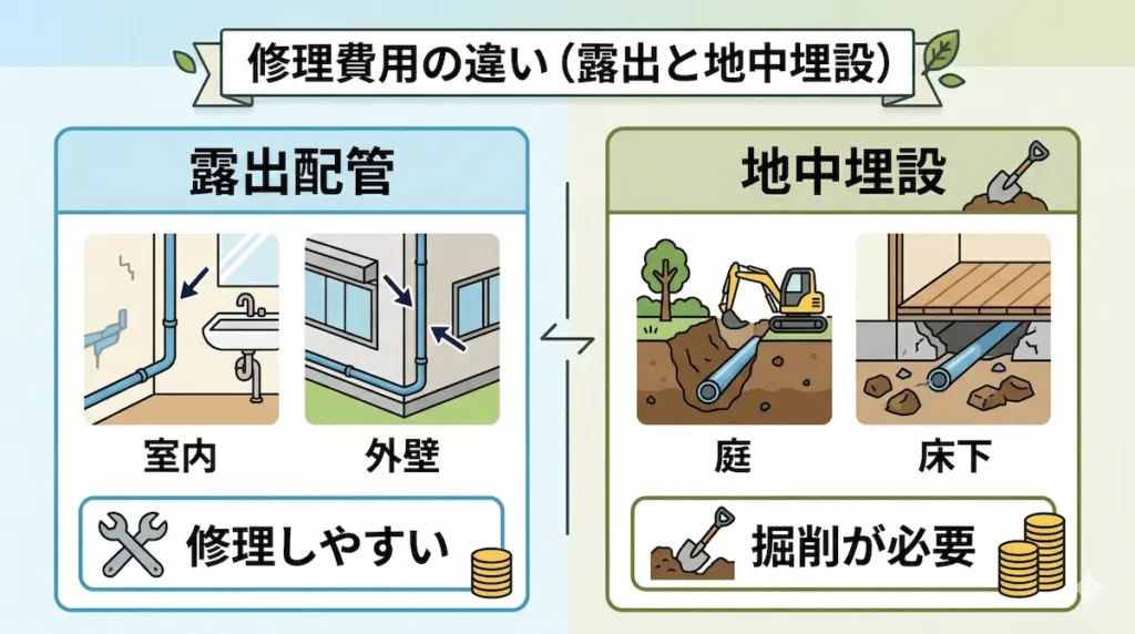 露出配管と地中埋設配管で異なる漏水修理費用のイメージ