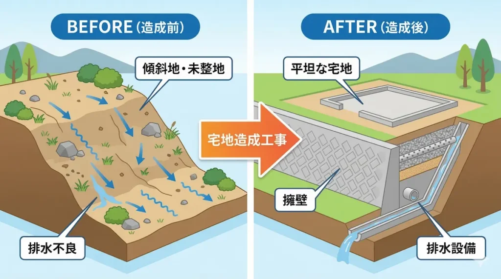 福岡市の宅地造成工事の全体像（造成前と造成後の比較）