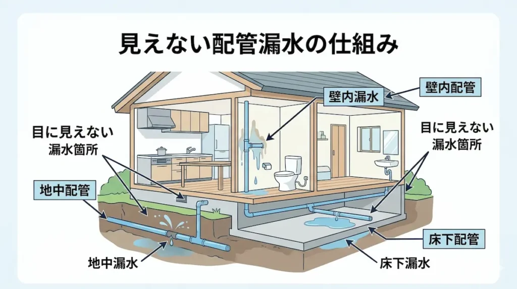 住宅の地中配管や壁内配管で起こる漏水のイメージ図
