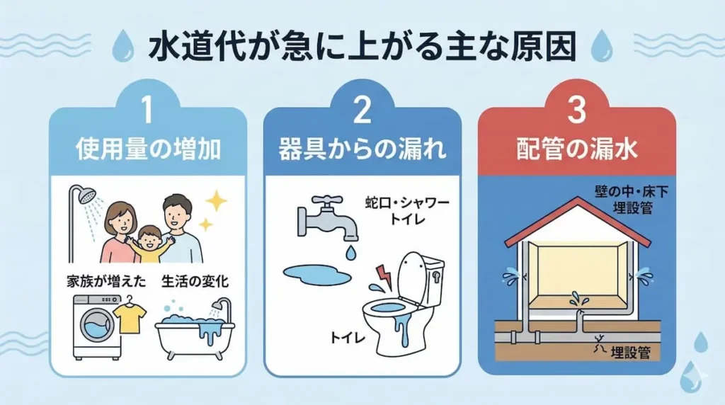 水道代が急に上がる主な原因（使用量増加・器具漏れ・配管漏水）の図解