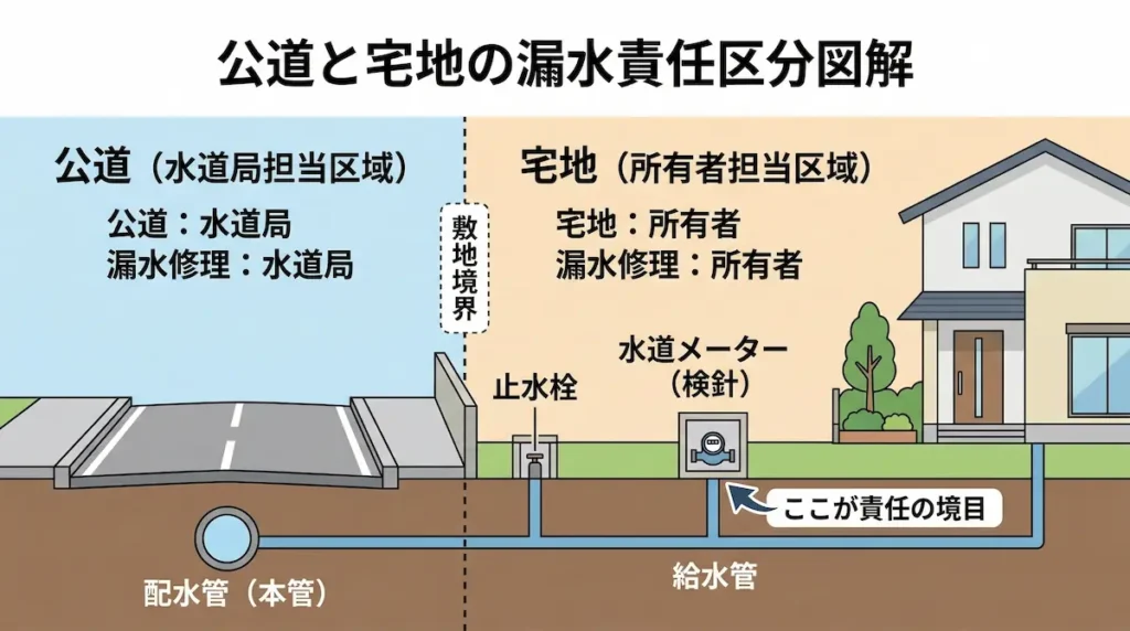 水道メーターを境にした漏水の責任区分（公道側は水道局・宅内側は所有者）