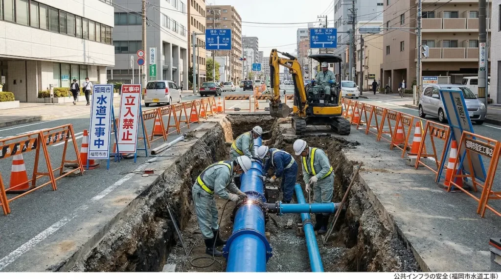 道路下の水道本管に接続する給水工事の施工イメージ
