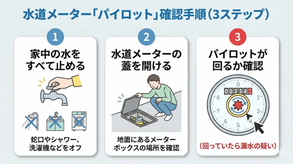水道メーターのパイロットで漏水を確認する手順（家中の水を止めて確認）