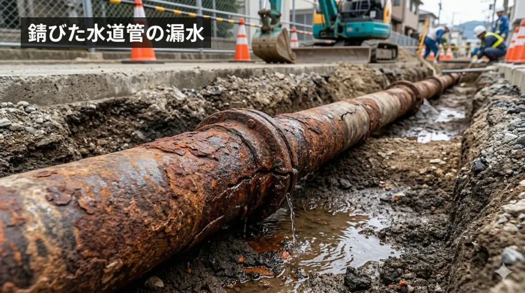 老朽化した水道管による漏水トラブルの例